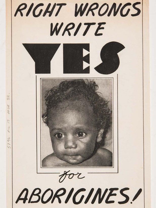 Old black and white poster with an Indigenous Australian baby on the front that says right wrongs write yes.