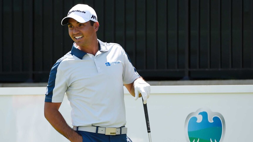 Jason Day smiles before teeing off in final round of opening Tour Playoffs event at Bethpage Black.