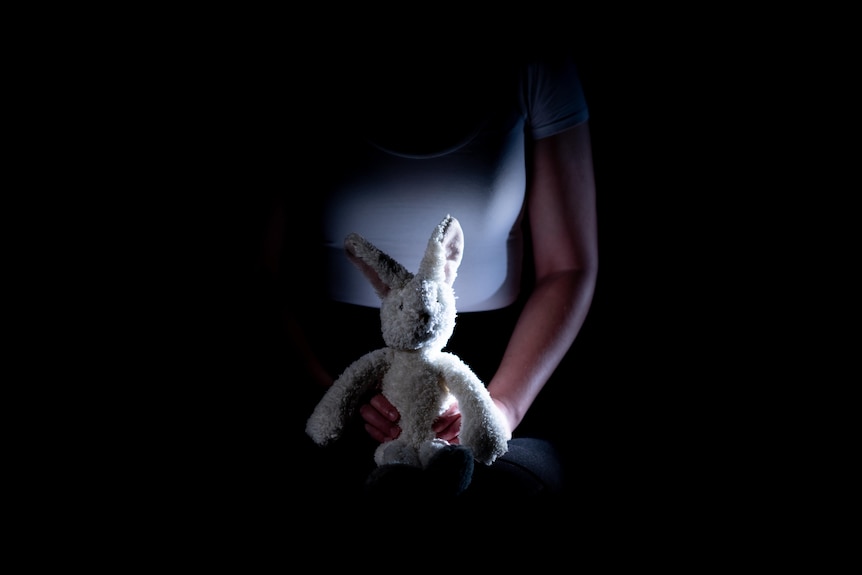 Hands holding a stuffed toy rabbit. 