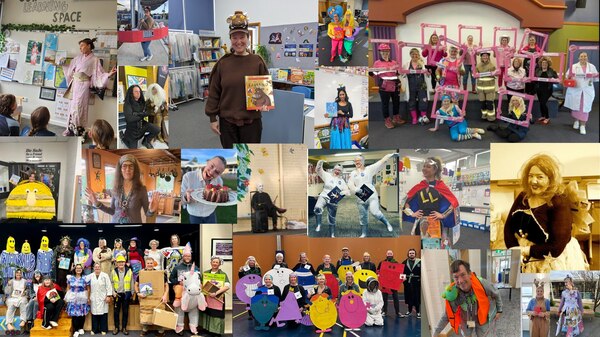 A collage of photos of teachers and adults in Book Week costumes