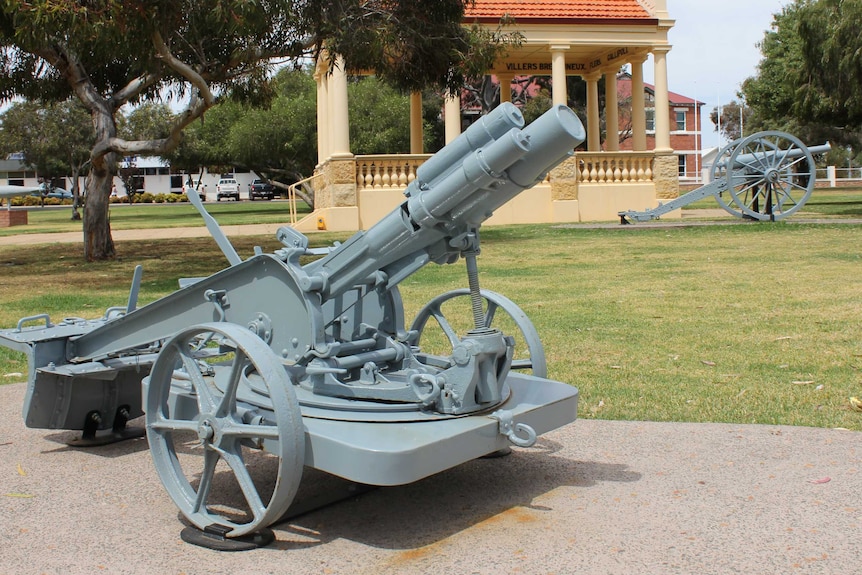Two large, grey guns rest in Narrogin Memorial Park.