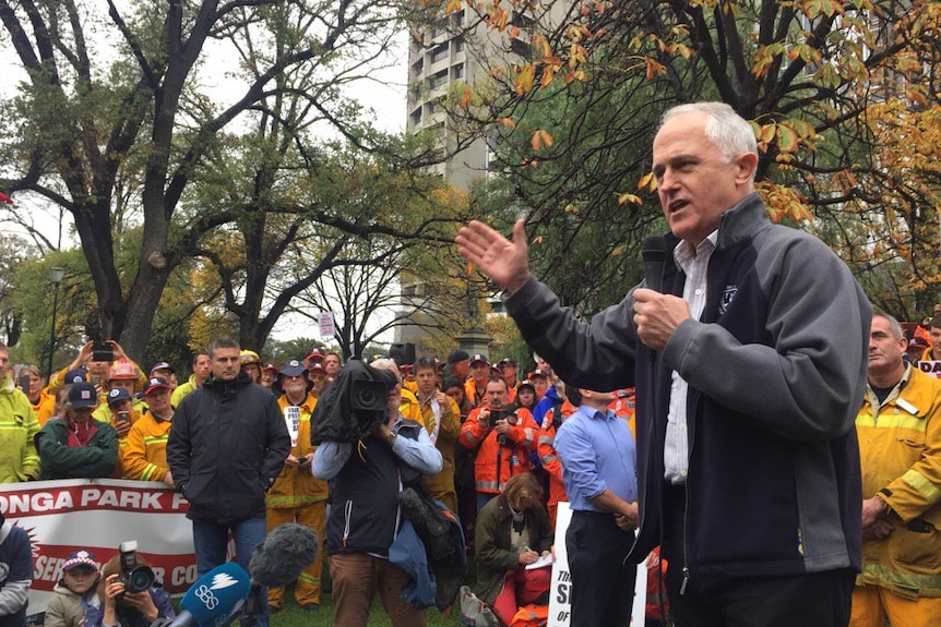 Prime Minister Malcolm Turnbull speaks at a CFA rally