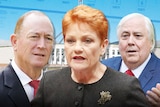 Fraser Anning, Pauline Hanson and Clive Palmer superimposed in front of Parliament House over a Senate ballot paper background