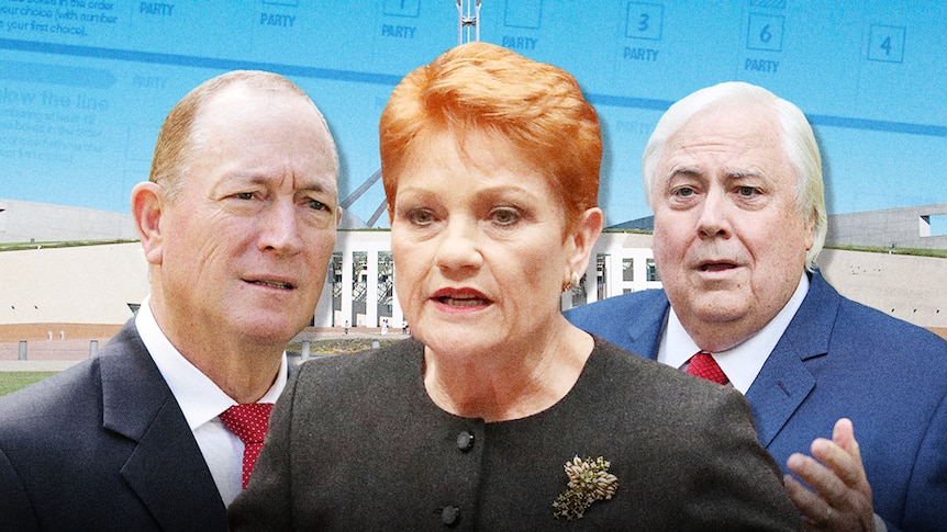 Fraser Anning, Pauline Hanson and Clive Palmer superimposed in front of Parliament House over a Senate ballot paper background