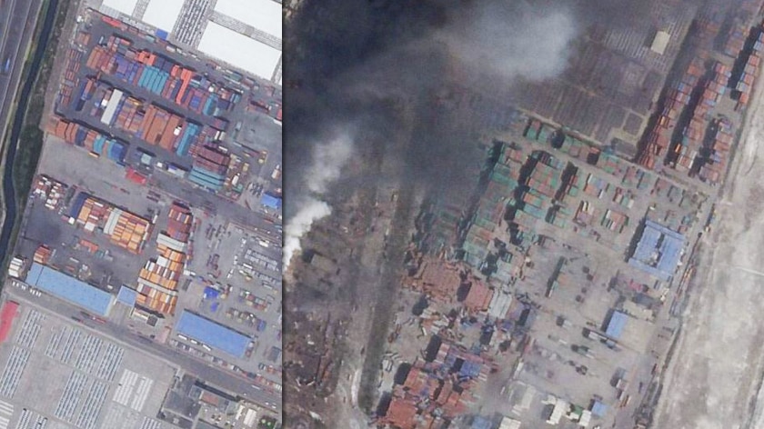 A composite image of satellite photos of the Tianjin port blast.