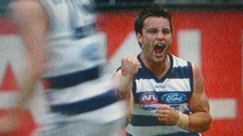 On target ... Brownlow medallist Jimmy Bartel celebrates his crucial goal late in the first quarter