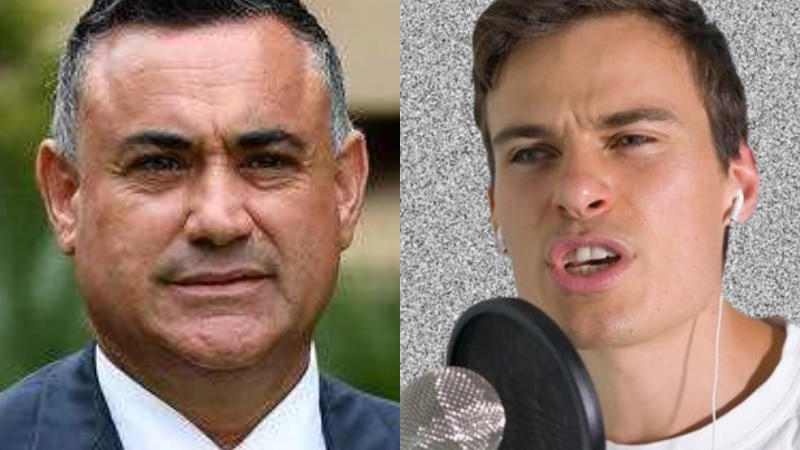 a composite image of john barilaro and a young man in front of a microphone