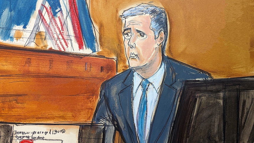 A sketch of Michael Cohen testifying in court. He is wearing a blue suit. He has short, grey hair. 