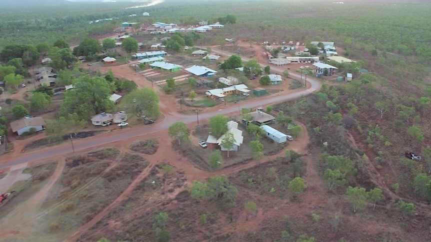 An aerial photo showing buildings and trees in the remote community of Ngukurr