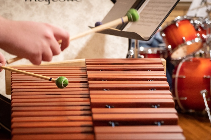 Two hands holding mallets over a xylophone.