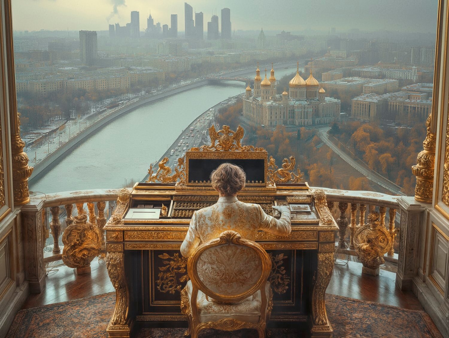 lavish office with individual at desk overlooking Russian city, abundant gold