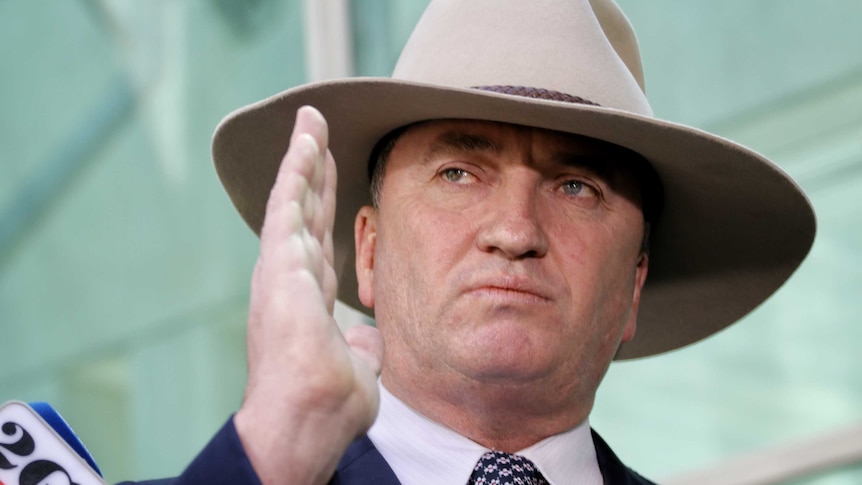 Barnaby Joyce looks mad as he speaks to the media about his affair