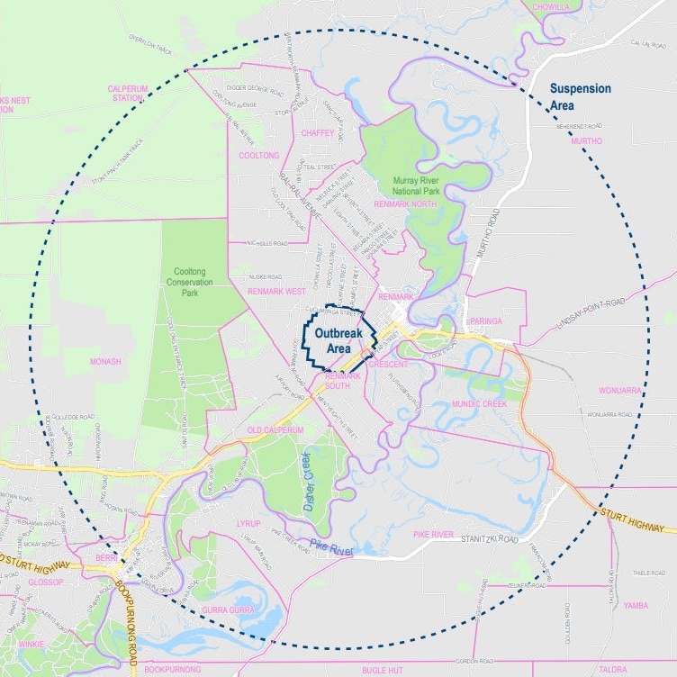 A map showing areas in South Australia that are locked down to prevent a fruit fly outbreak from spreading.