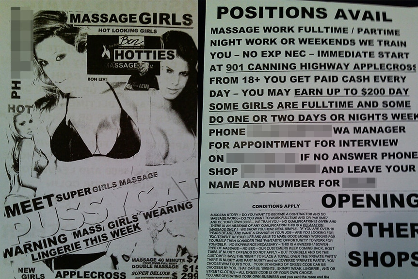 A composite image of old advertisements for Massage Girls