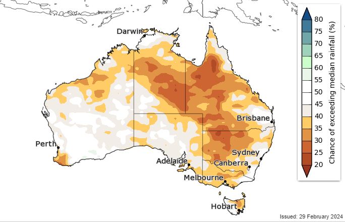 The second map shows the long-range outlook tips drier conditions for much of eastern Australia.