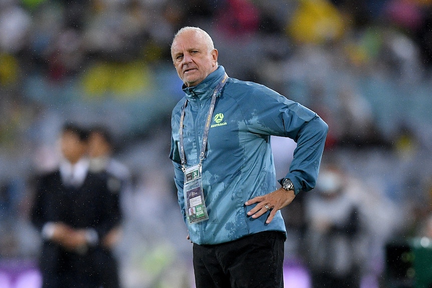 A Socceroos coach stands with his hands on hips looking out at the field during a World Cup qualifier.