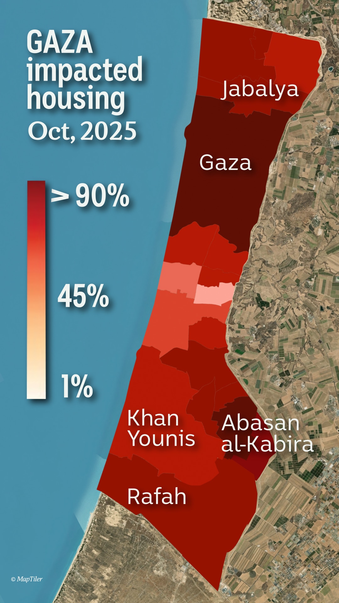 Map of Gaza strip in various shades of red to indicate damage to housing. 