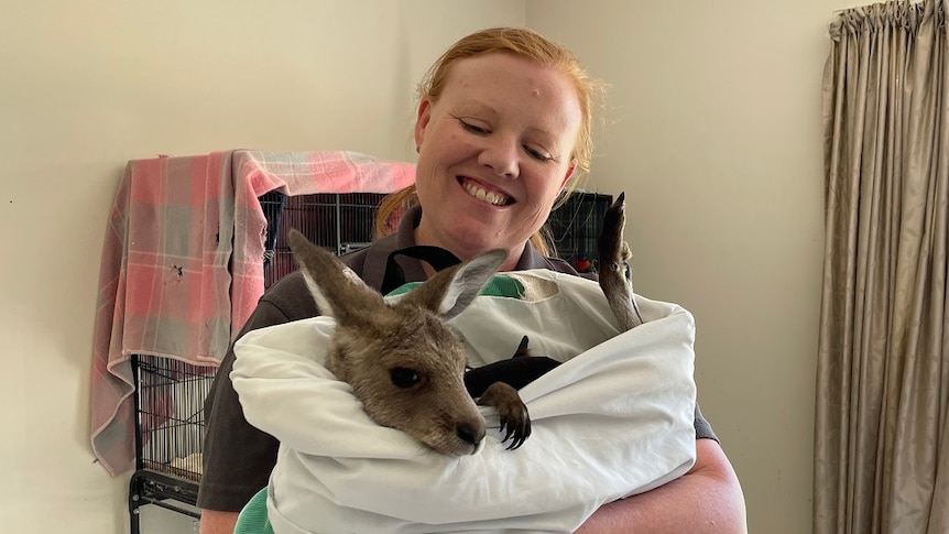 A smiling woman standing holding a small joey in a fabric pouch.