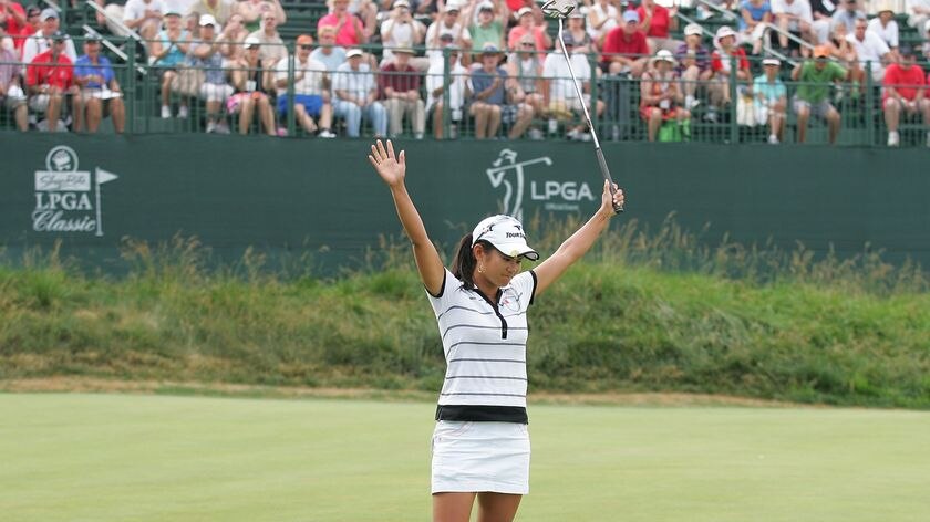 New number one: Ai Miyazato celebrates winning the LPGA event in New Jersey.