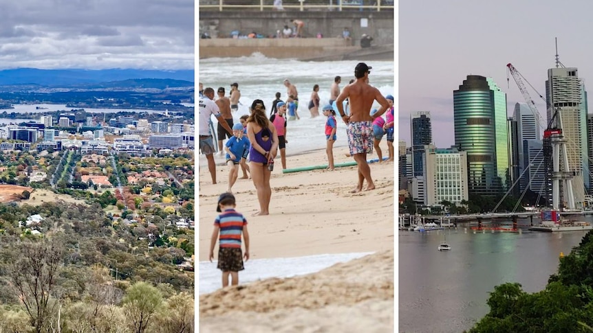 A composite of Canberra bushland, Sydney beaches and a cityscape in Brisbane.