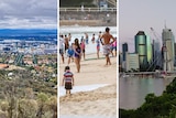 A composite of Canberra bushland, Sydney beaches and a cityscape in Brisbane.