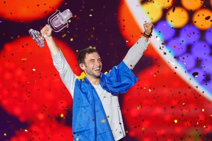 Singer Mans Zelmerlow representing Sweden celebrates winning the final of the 60th annual Eurovision Song Contest.