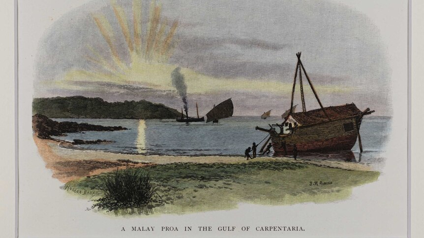 a prau on the beach, three dugout canoes under sail, and a steamship off-shore.