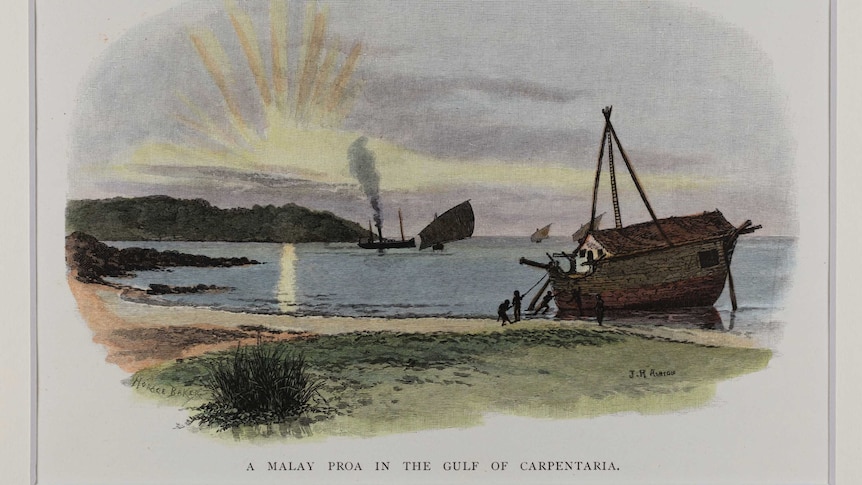a prau on the beach, three dugout canoes under sail, and a steamship off-shore.