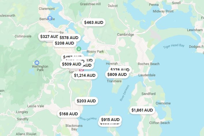 Airbnb prices for locations on map of Hobart