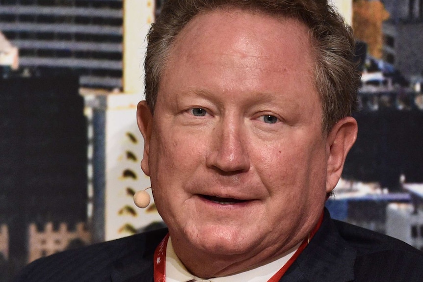 A mid shot of Andrew Forrest wearing a suit and tie with a lanyard around his neck.
