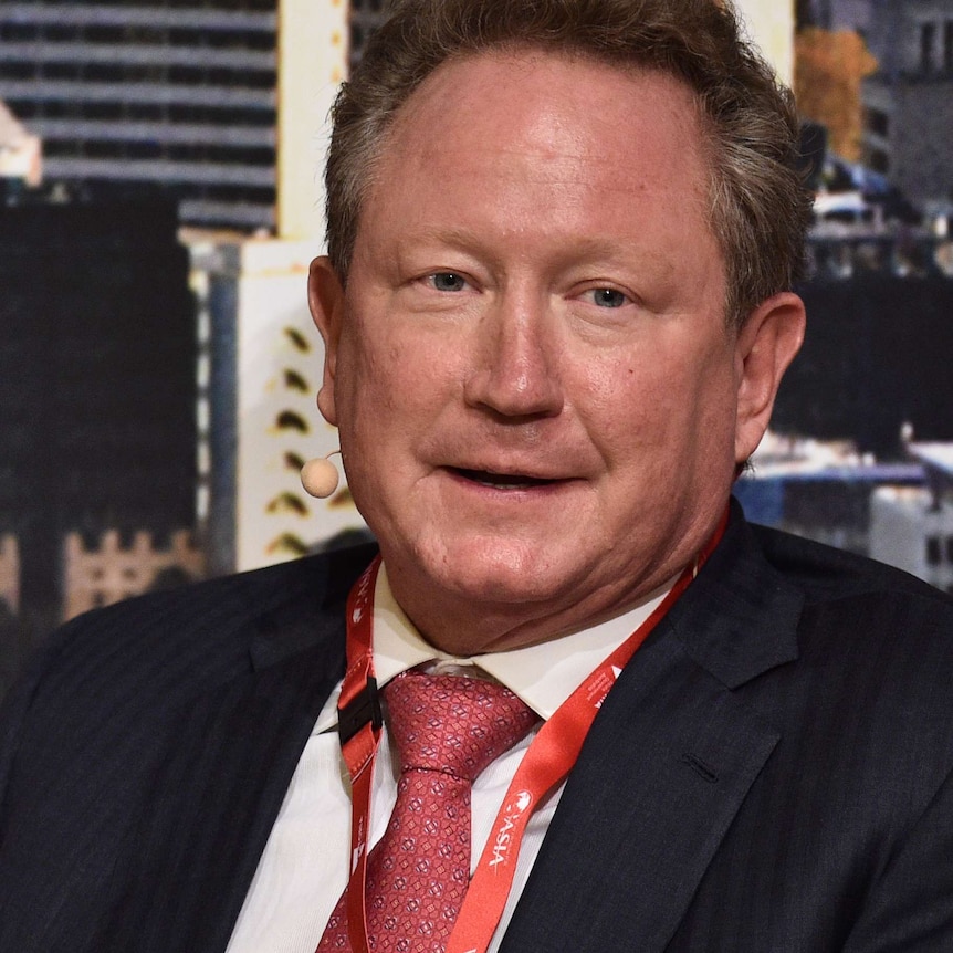 A mid shot of Andrew Forrest wearing a suit and tie with a lanyard around his neck.