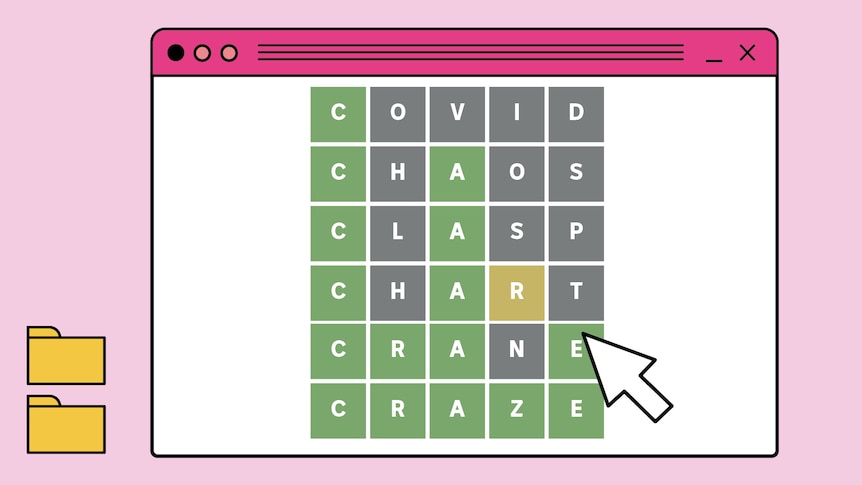 A screenshot of a Wordle game with the word "craze" in green is seen cut out against a pink computer screen background.