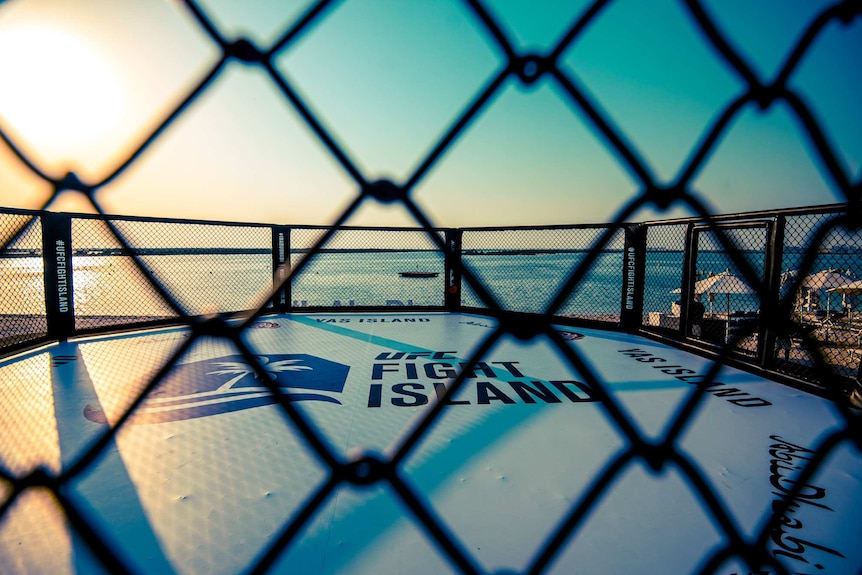 The UFC's octagon, with the wire from in the foreground, on Yas Beach in Abu Dhabi (also known as Fight Island).