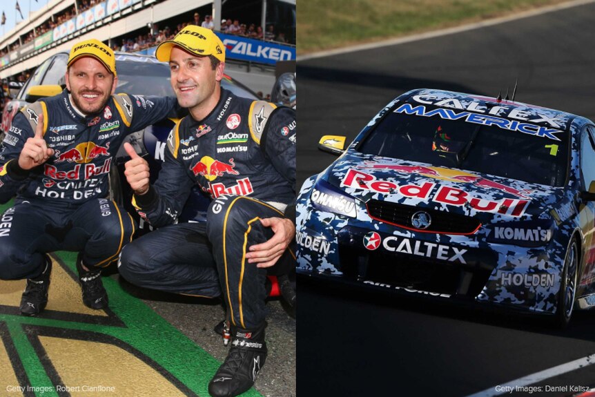 Composite of Paul Dumbrell, Jamie Whincup and V8SC car