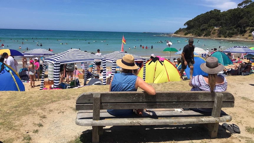 Two women sitting on a bench looking out at people on Lorne beach.