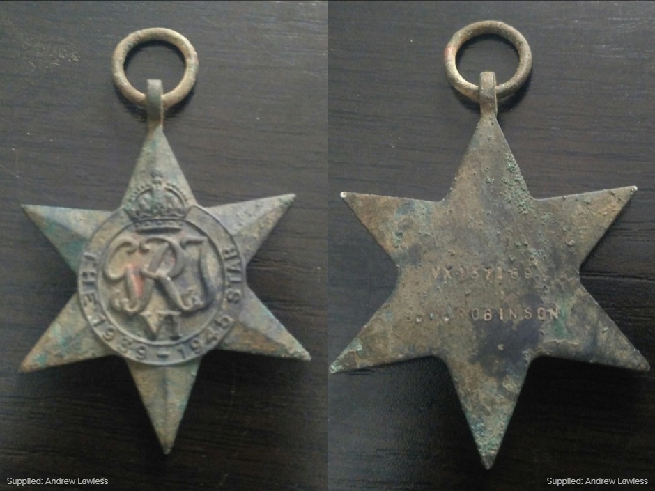 The front and back of a World War Two Star Medal dug up in a park in Melbourne