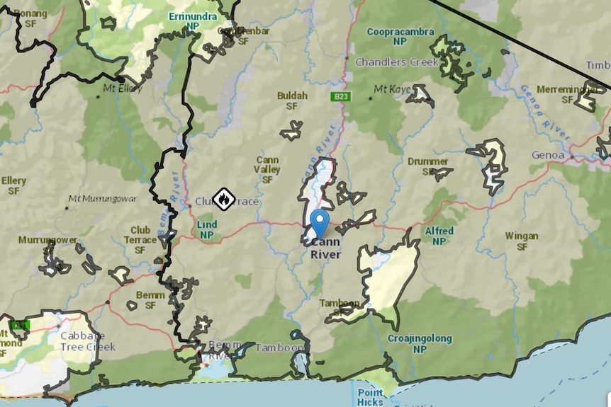 A bushfire warning map shows areas of fires surrounding Cann River.