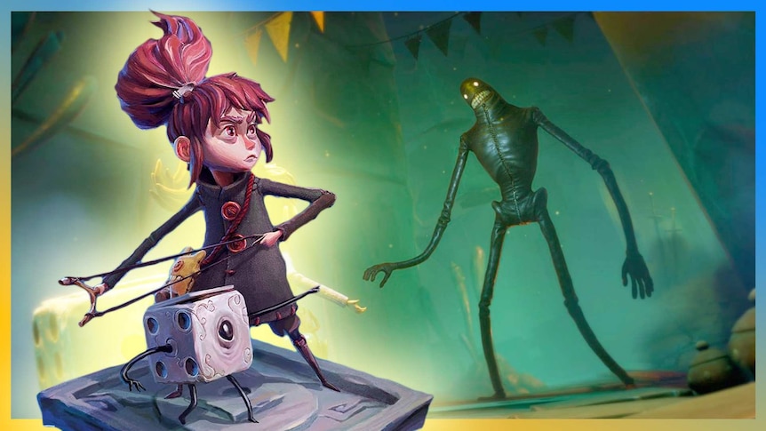 A young girl with a slingshot in hand stands cautiously with a small dice-like creature. A tall looming figure is behind them.