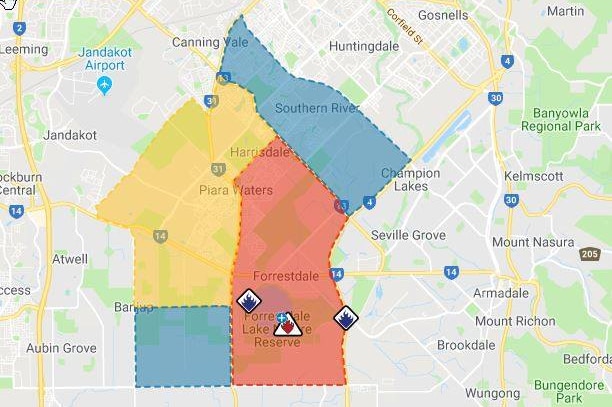 A map of a Perth suburb with sections highlighted to indicate fire warnings.