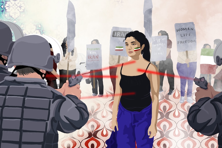一幅插图展示了一个女人，几束红色激光正对准她的胸部。