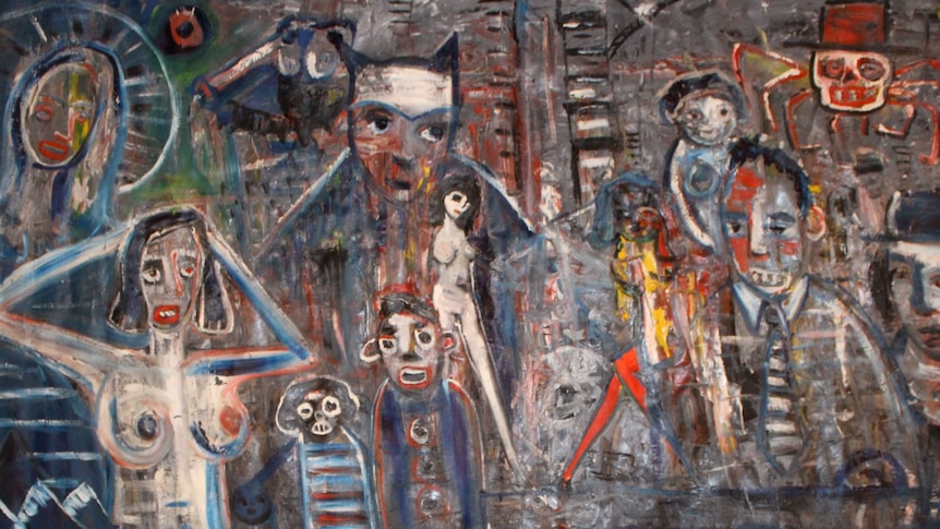 An oil painting featuring several cartoon-like figures.