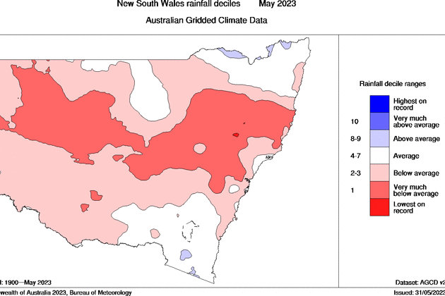 Map of NSW depicting rainfall in May