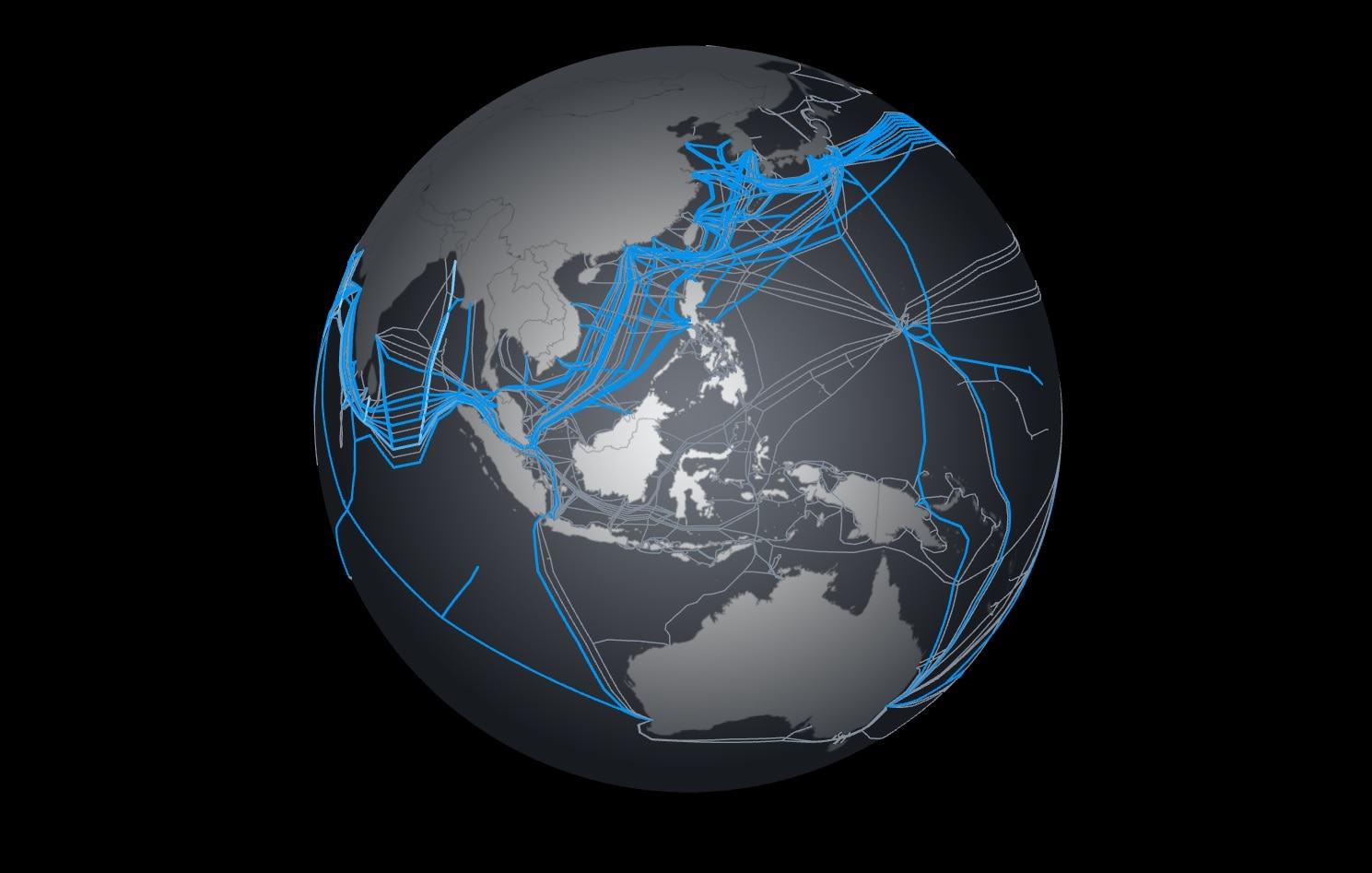 This map of Earth has a number of cables highlighted blue, while others are greyed out.
