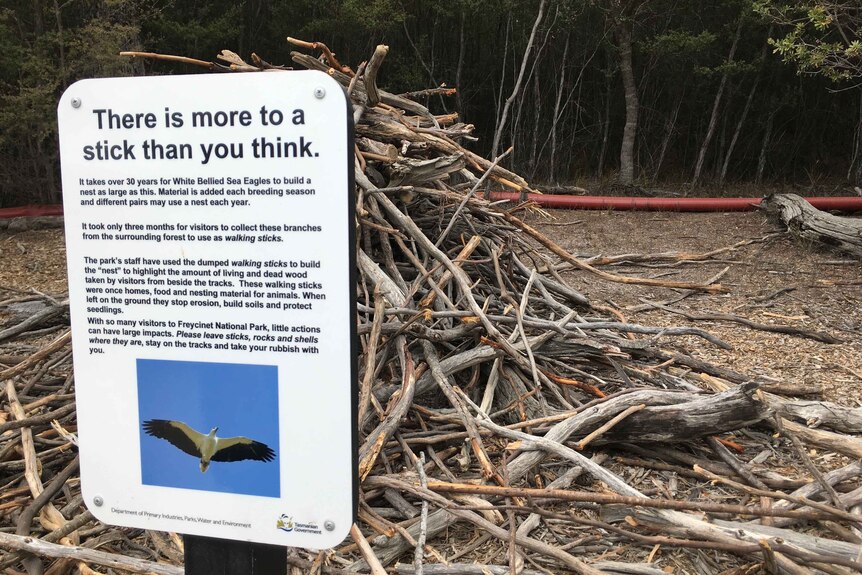Picture of a sign 'there is more to a stick than you think' with a large pile of sticks behind it