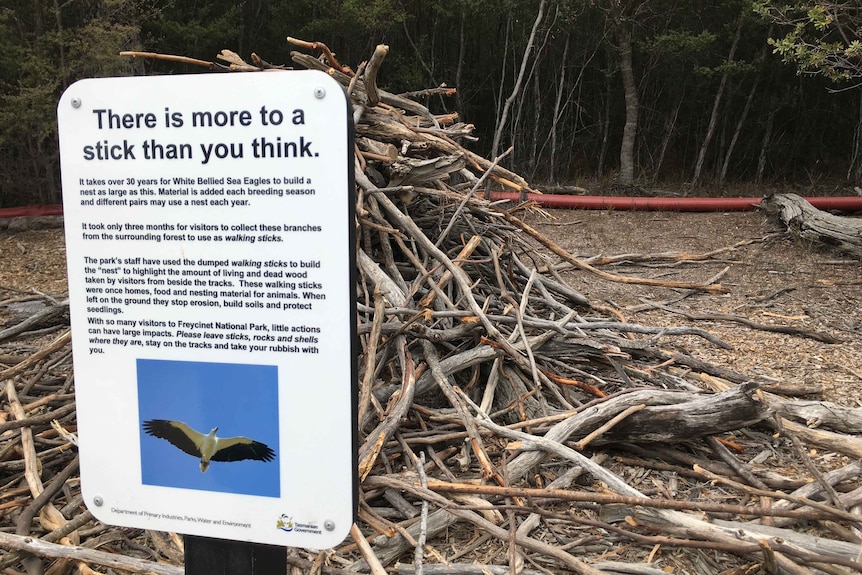 Picture of a sign 'there is more to a stick than you think' with a large pile of sticks behind it