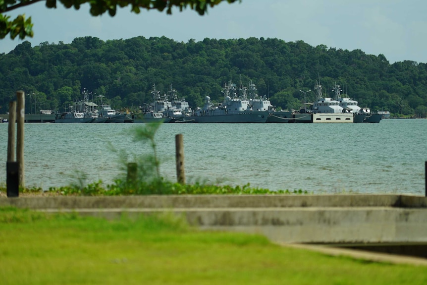 Naval ships lined up along a pier in a tropical bay