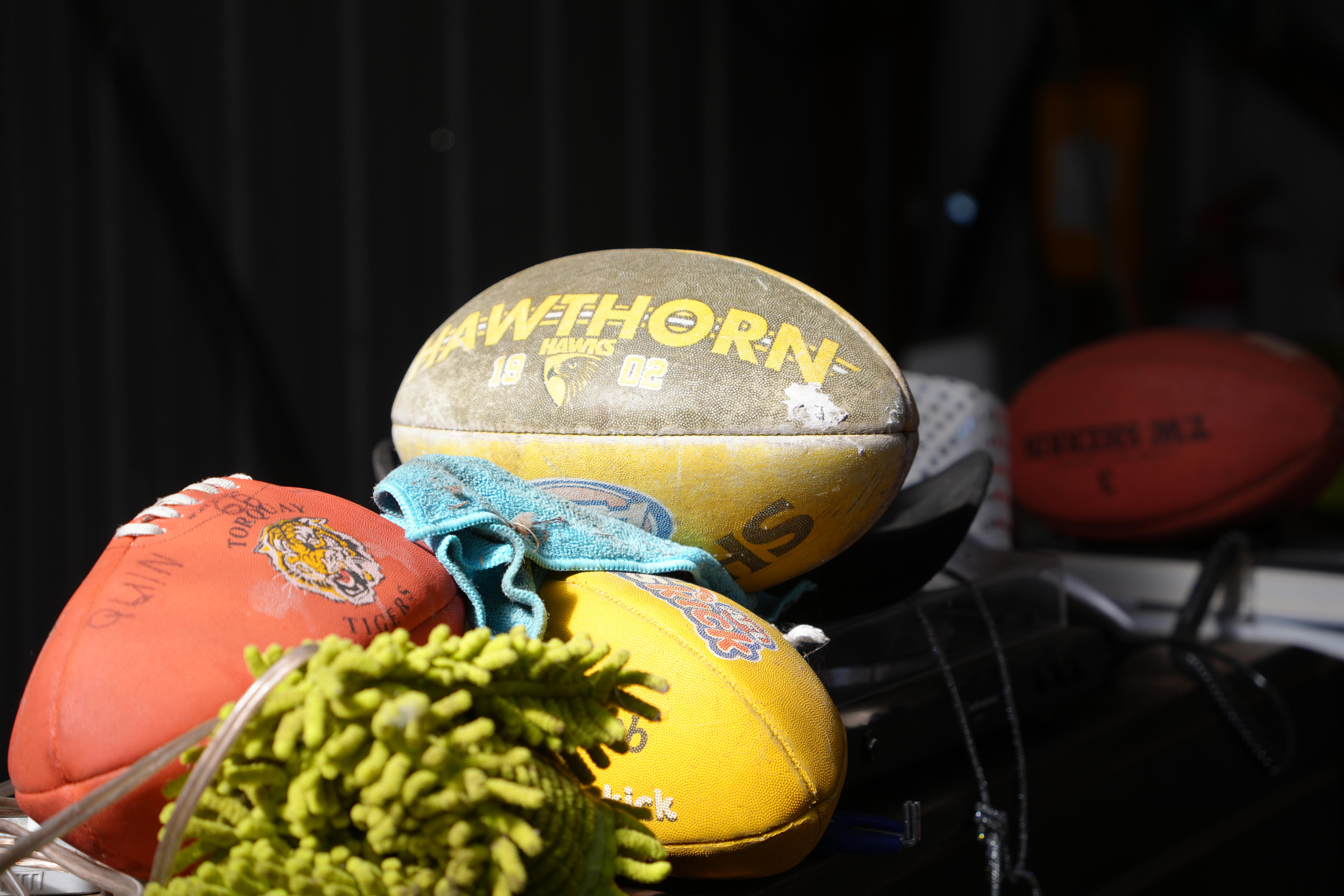 Footballs sit on the shelf in a shed at David O'Brien's farm.