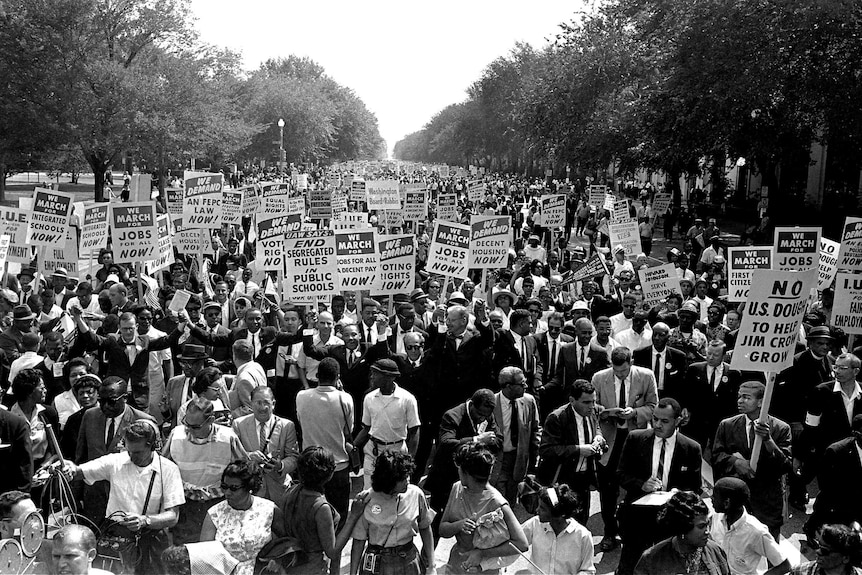 Martin Luther King Jr among a crowd holding placards.