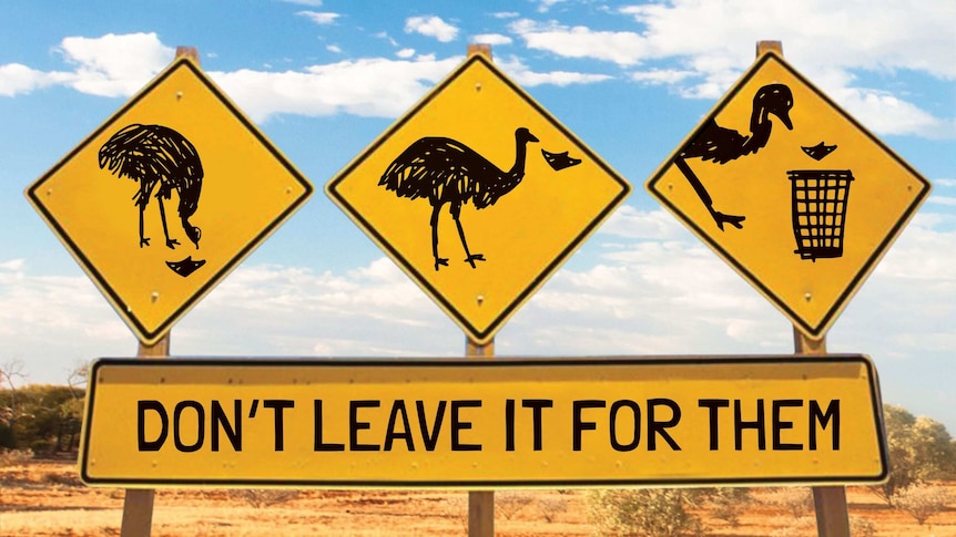 A standard yellow road sign with graphics of an emu picking up litter and placing it in a bin