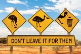 A standard yellow road sign with graphics of an emu picking up litter and placing it in a bin